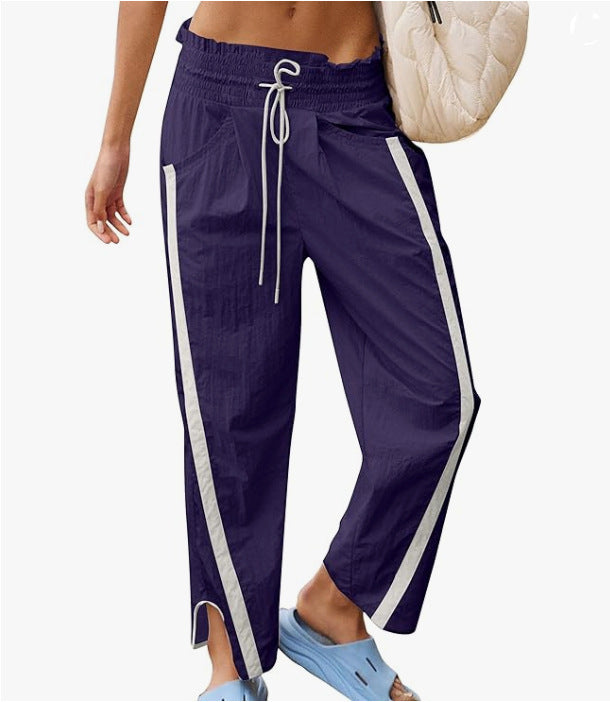 Women's Casual Drawstring Side-Striped Straight-Leg Pants