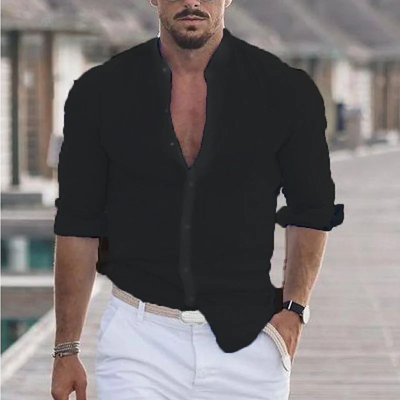 Men's Long Sleeve Shirt With Button Casual Solid Color Tops For Spring Autumn