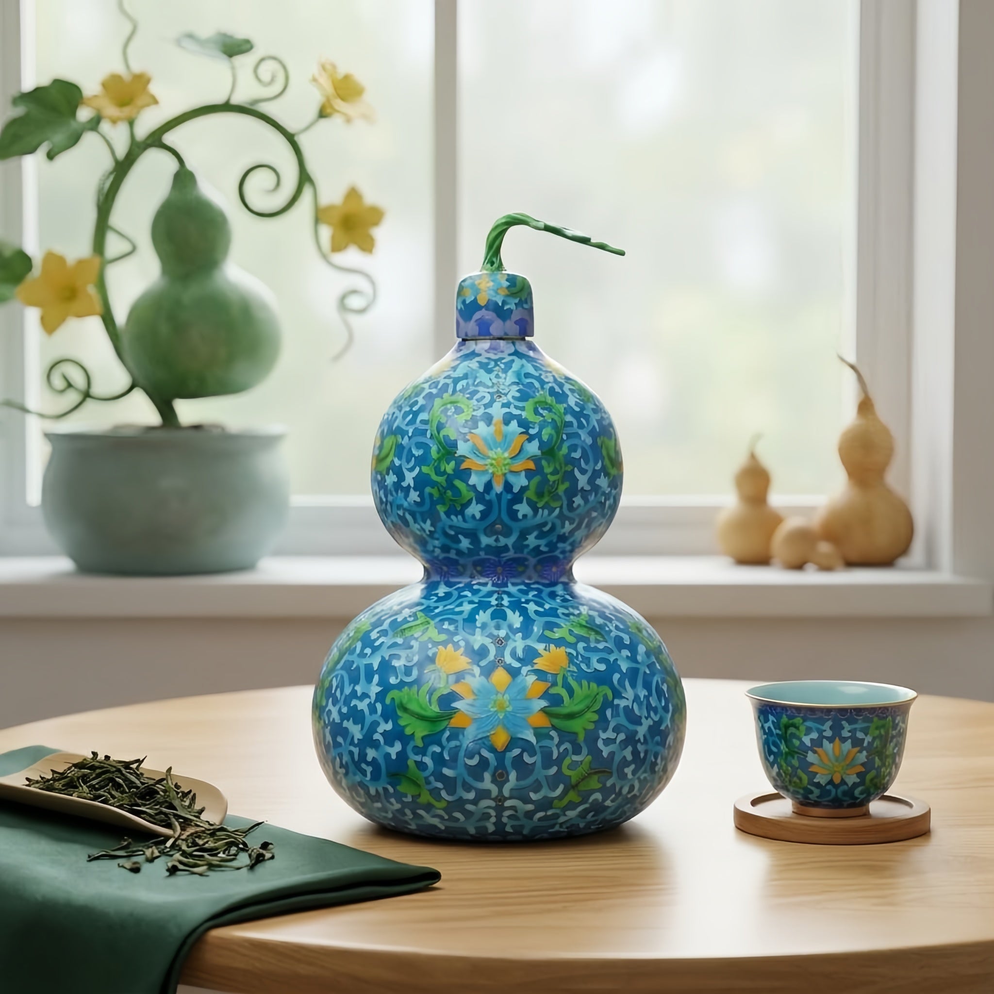 925 Sterling Silver Ornate Blue Cloisonné Enamel Double Gourd Vase with Intricate Floral Patterns and Stylized Vine Stopper - Handicraft