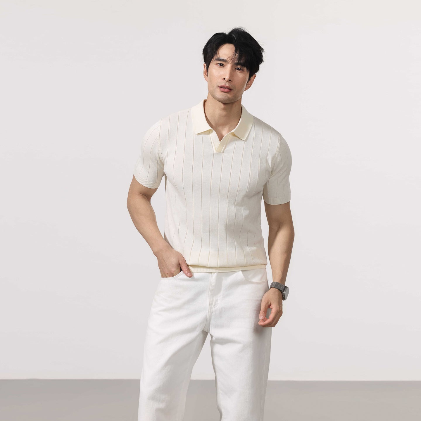 New Mens Short-sleeve Striped Knit Sweater