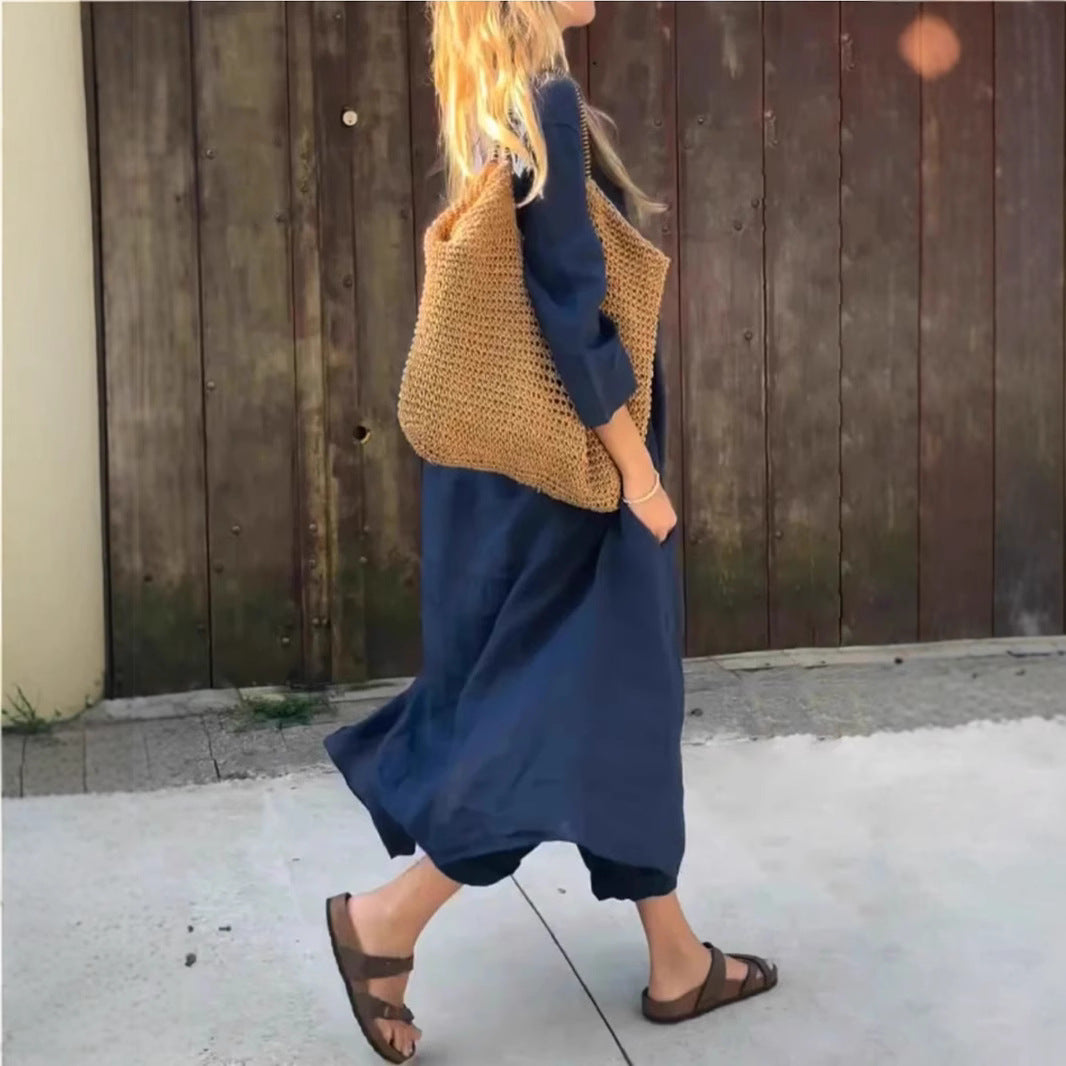 2pcs Long-sleeved Suits Loose V-neck Long Top And High Waist Wide Leg Pants With Pockets Women's Clothing