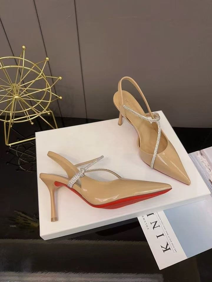 French Style Patent Leather Nude Rhinestone Closed Toe Sandals For Women, 2026 Summer New Arrival Versatile Stiletto Pointed Toe Elegant High Heels