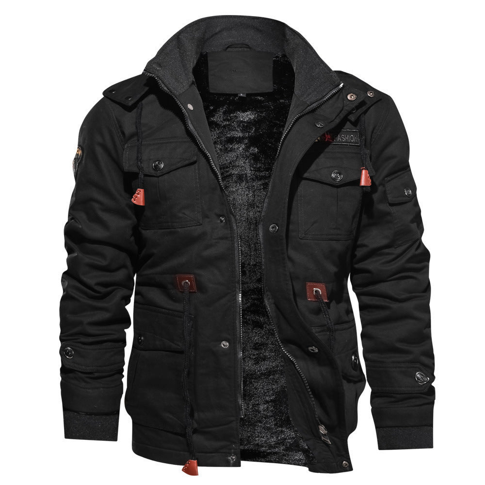 Winter Zip-up Coat Warm Thickened Detachable Hooded Jacket Multi-pocket  Button Drawstring Long Sleeve Tops Men's Cargo Clothing