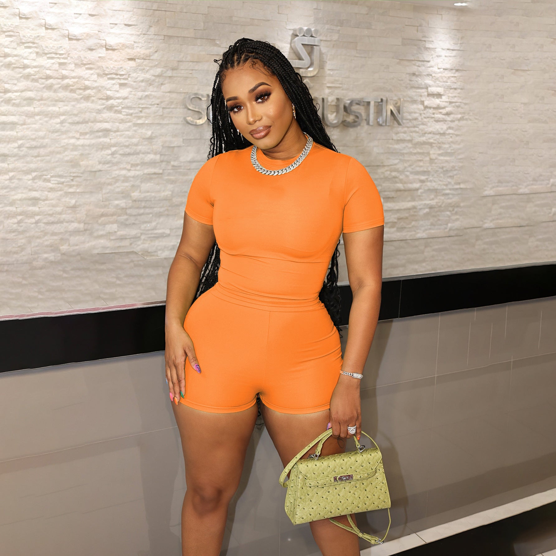 European And American Candy-Colored Sporty Two-Piece Set Short-Sleeve Top And Shorts