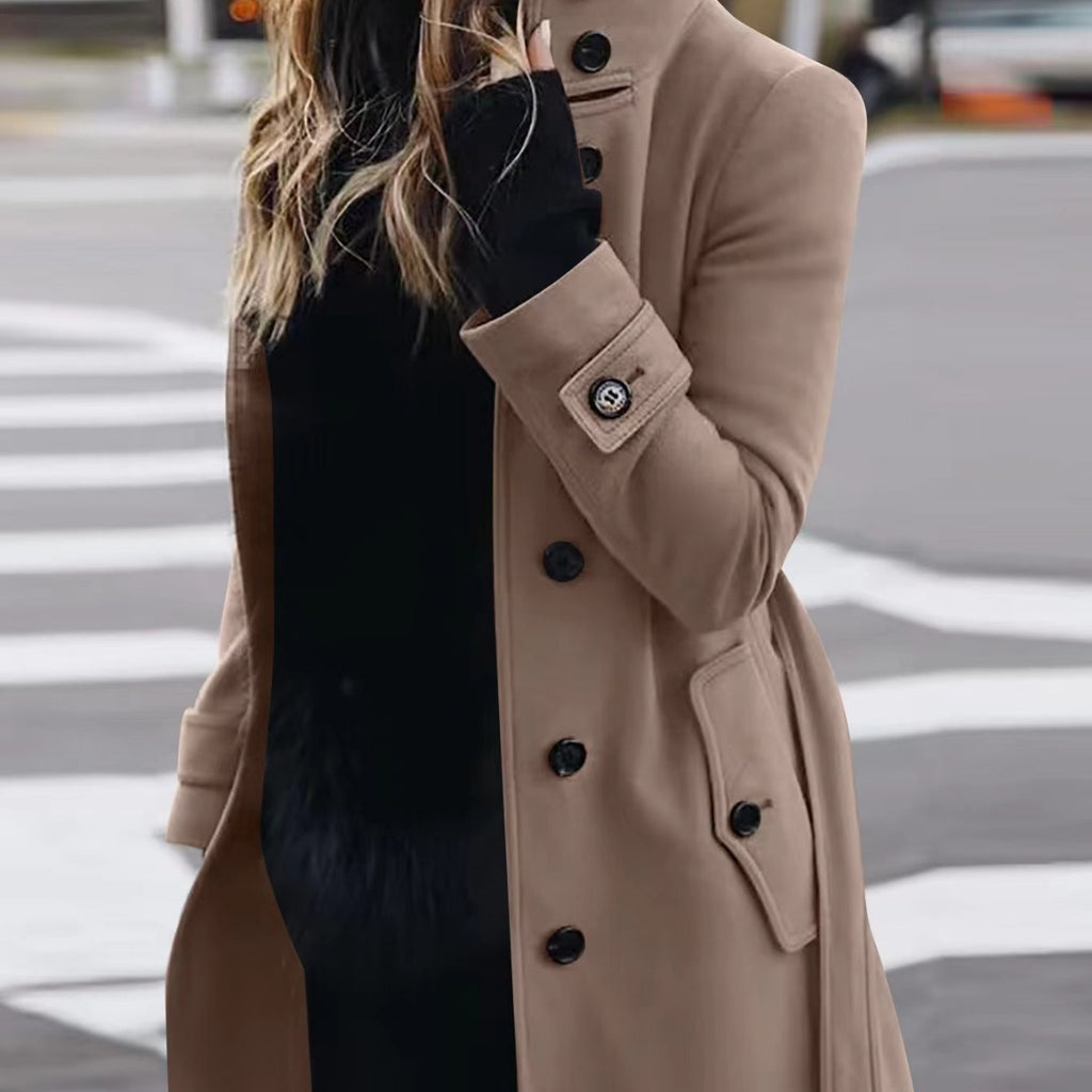 Autumn Winter New Woolen Coat Women's Slim Fit Cardigan Large Coat Women Long Sleeve Single Breasted Stand Collar Woolen Coat