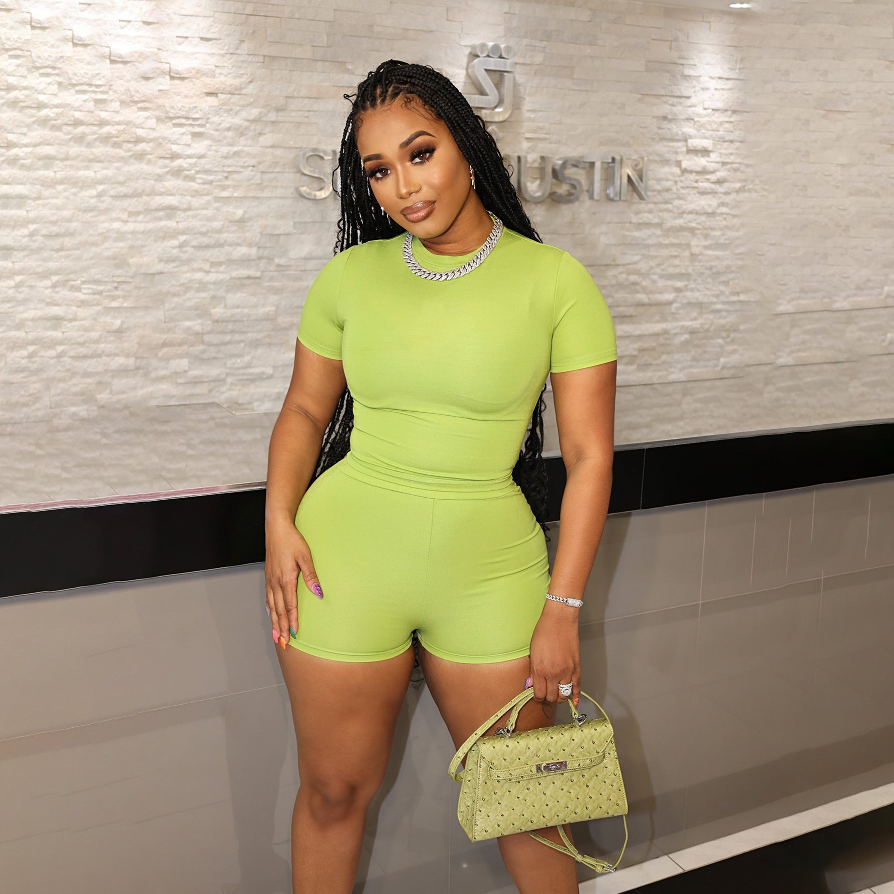 European And American Candy-Colored Sporty Two-Piece Set Short-Sleeve Top And Shorts