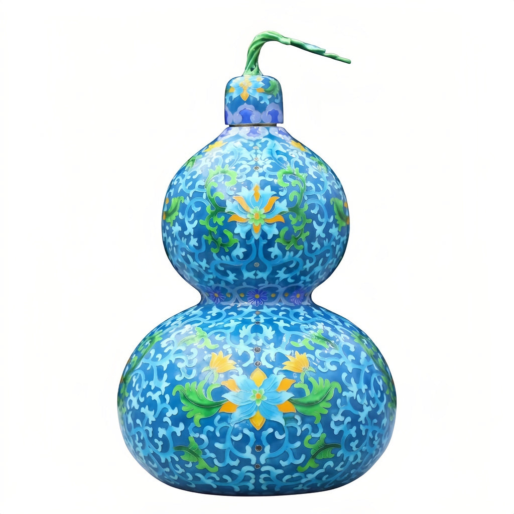925 Sterling Silver Ornate Blue Cloisonné Enamel Double Gourd Vase with Intricate Floral Patterns and Stylized Vine Stopper - Handicraft