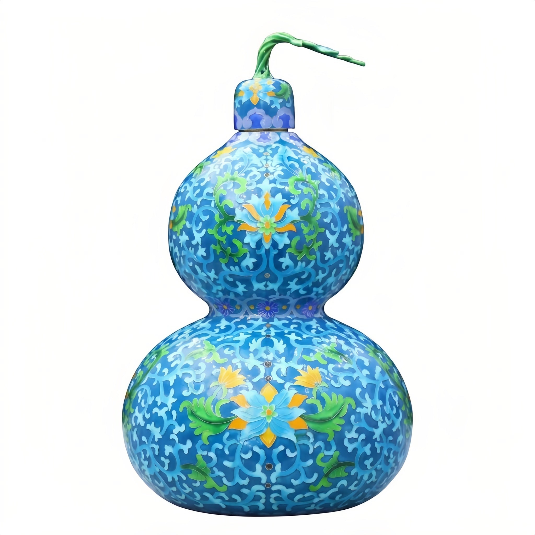 925 Sterling Silver Ornate Blue Cloisonné Enamel Double Gourd Vase with Intricate Floral Patterns and Stylized Vine Stopper - Handicraft