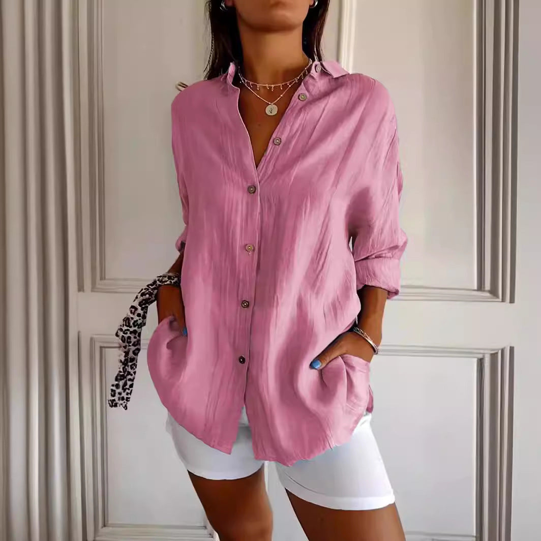 Lapel Long Sleeve Shirt Women's Single-breasted Pleated Shirt Tops Clothing