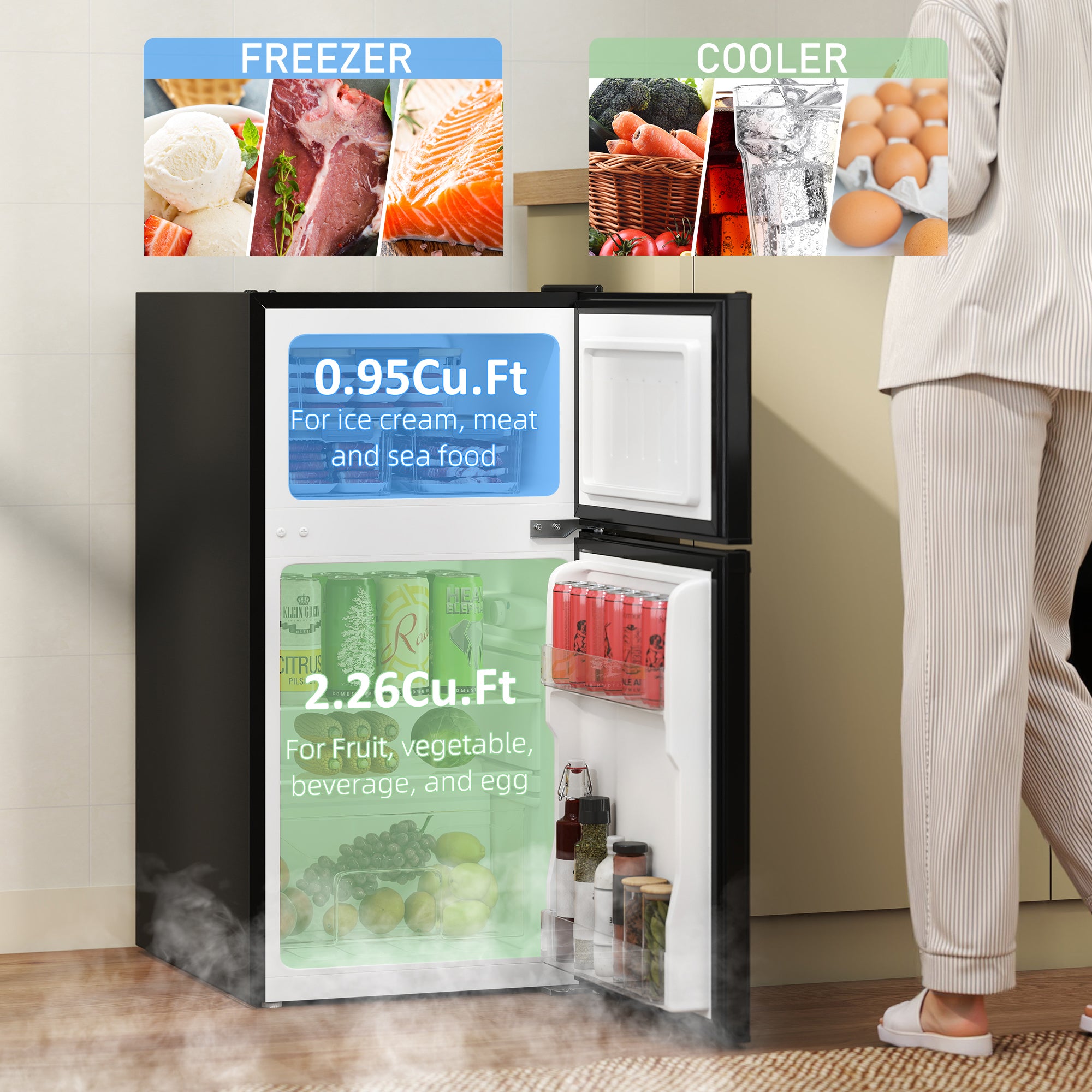 88L Under Counter Fridge Freezer, Small Refrigerator With 5-Setting, 3 Star Freezer Rating, Black