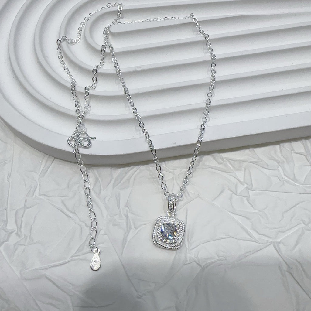 1pc 999 Sterling Silver Square Zircon Pendant Necklace, Elegant & Shiny Style, Perfect For Daily, Dating & Gifting, Ideal Valentine's Gift