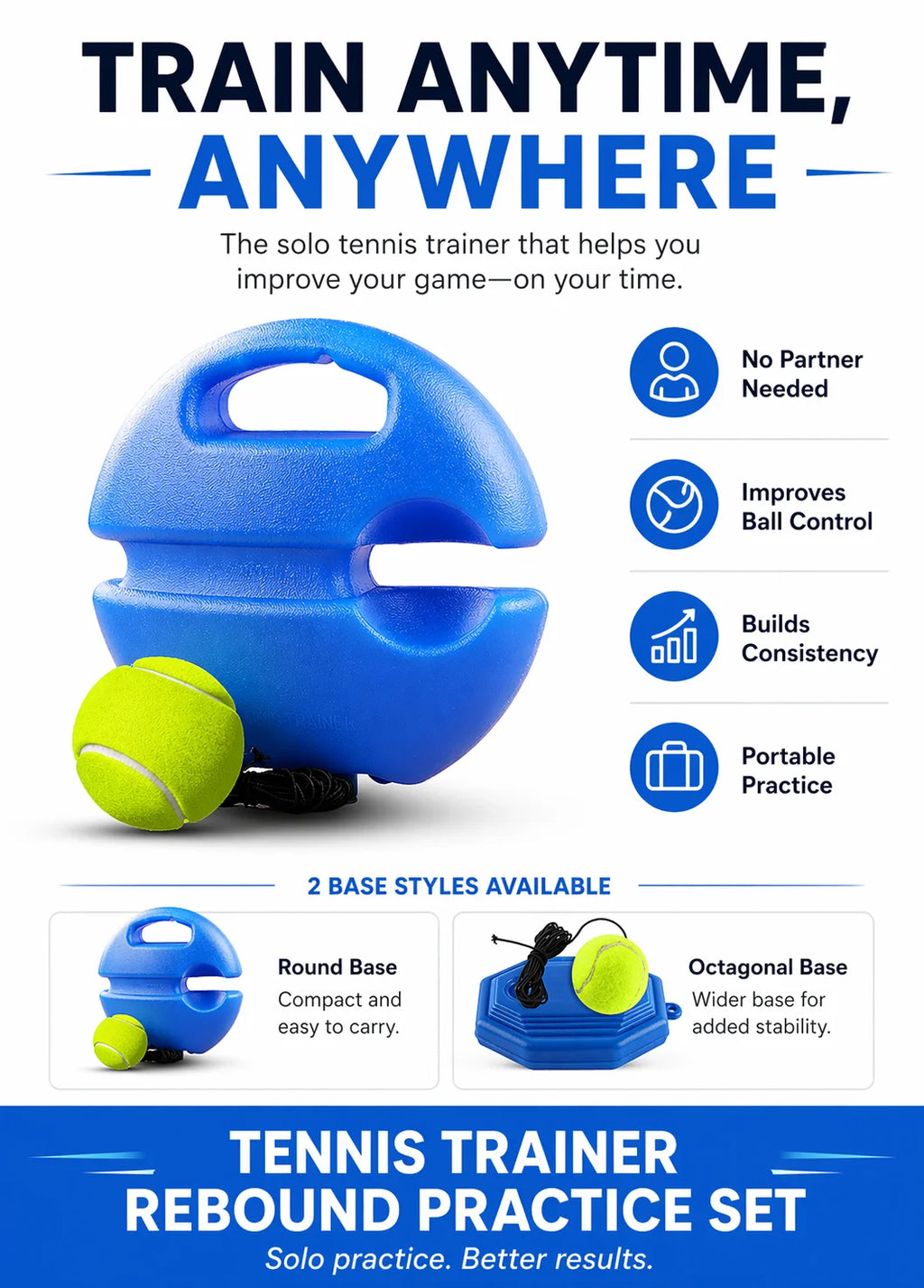 Portable Tennis Trainer Rebound Ball Set Solo Practice Tool with Elastic Cord Training Base for Tennis Practice Anywhere