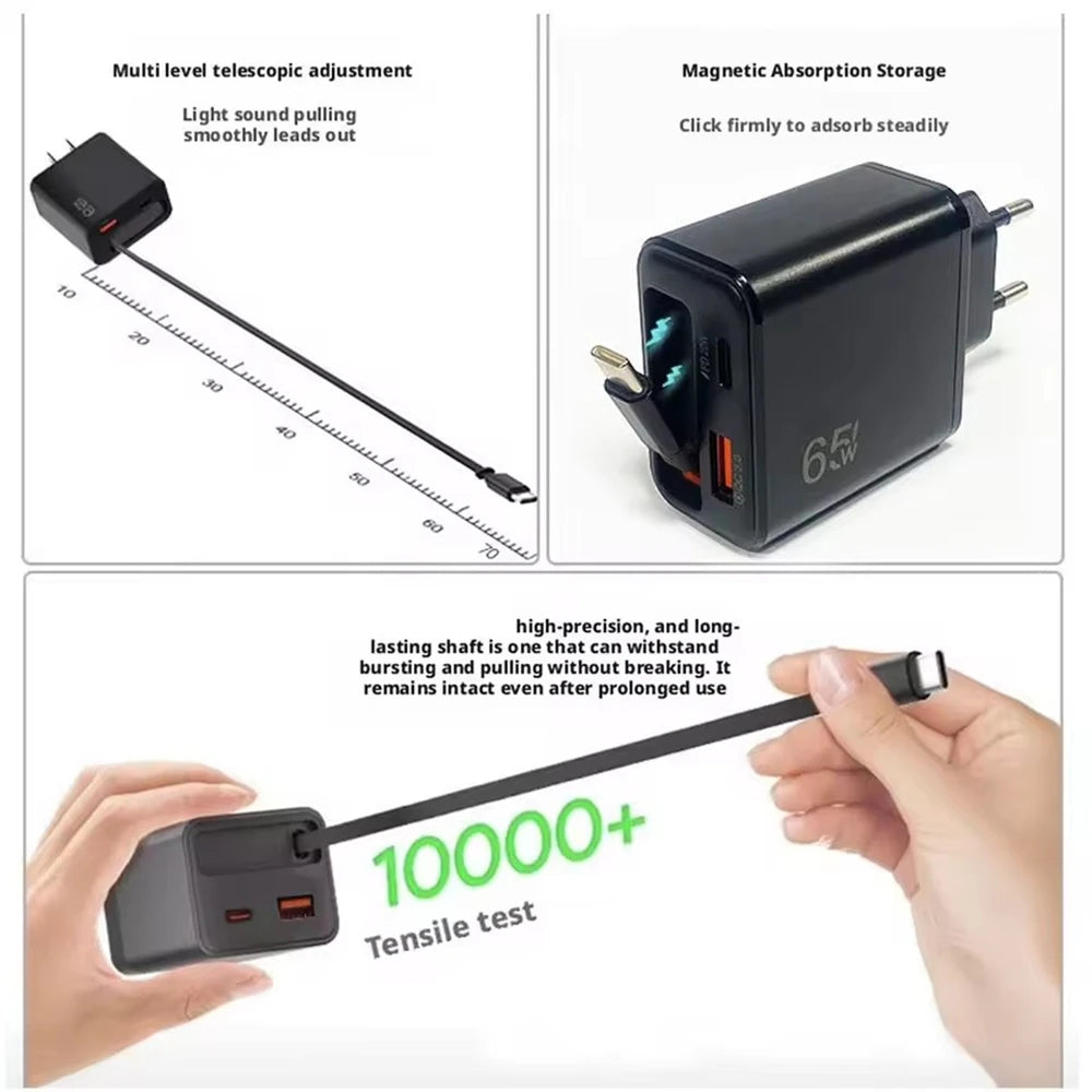65W USB Phone Charger With Retractable Super Fast Charging Type C Cable For iPhone 17 16 POCO Xiaomi QC 3.0 USB PD Wall Charger
