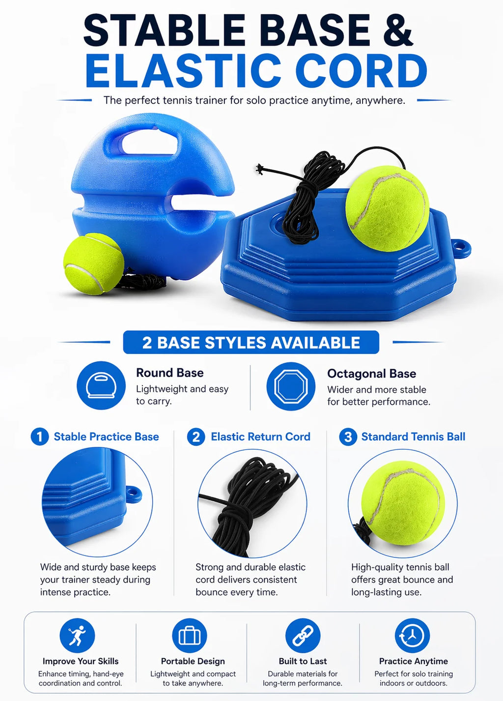 Portable Tennis Trainer Rebound Ball Set Solo Practice Tool with Elastic Cord Training Base for Tennis Practice Anywhere