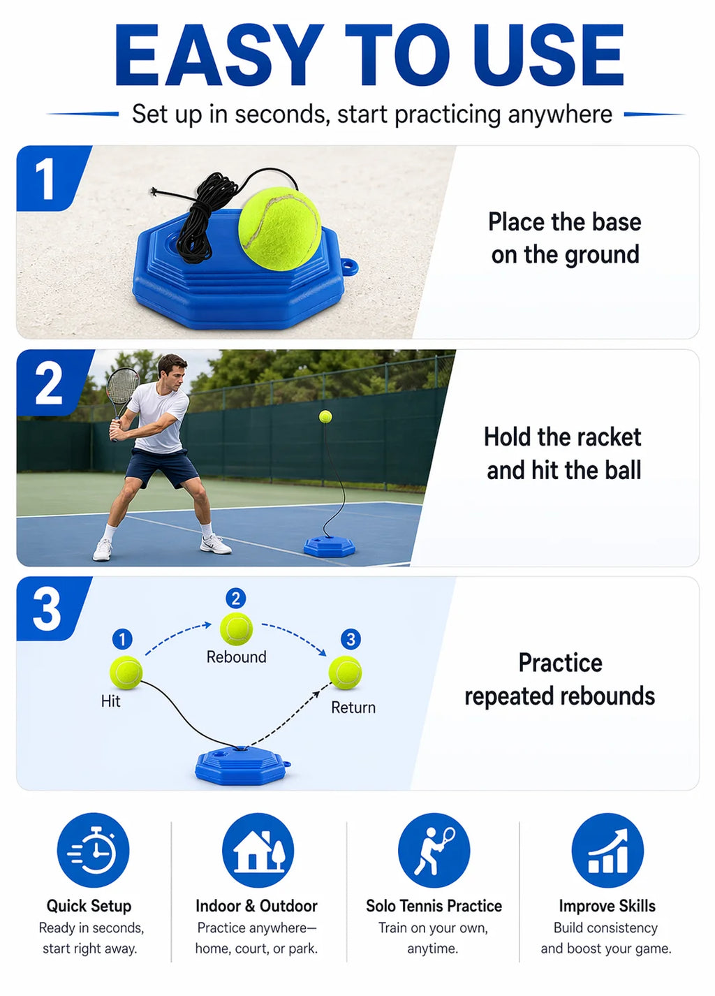 Portable Tennis Trainer Rebound Ball Set Solo Practice Tool with Elastic Cord Training Base for Tennis Practice Anywhere