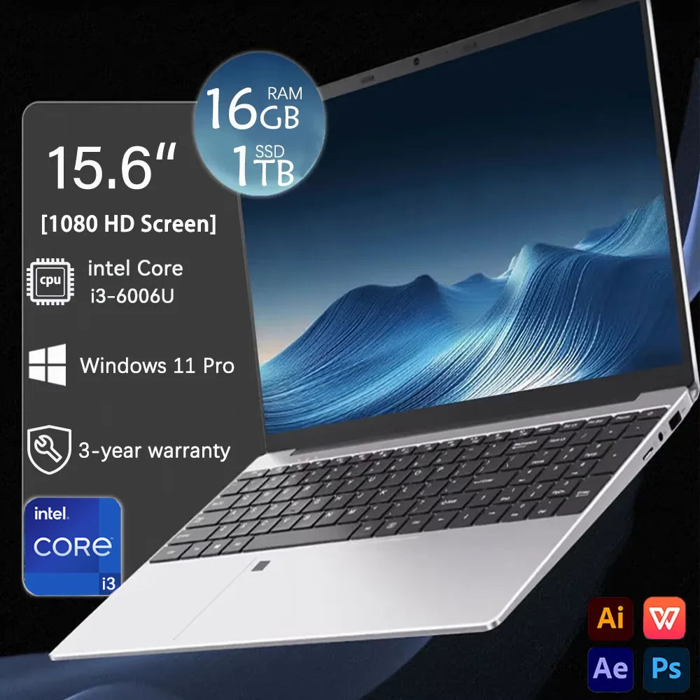FUCHU 2026 Hotselling Fingerprint Unlock Backlit Keyboard 15.6 Inch Laptop Computer 16GB DDR3 RAM 1TB 2TB SSD Intel I3-6006U Notebook Windows 11 Laptops Office Study Game PC