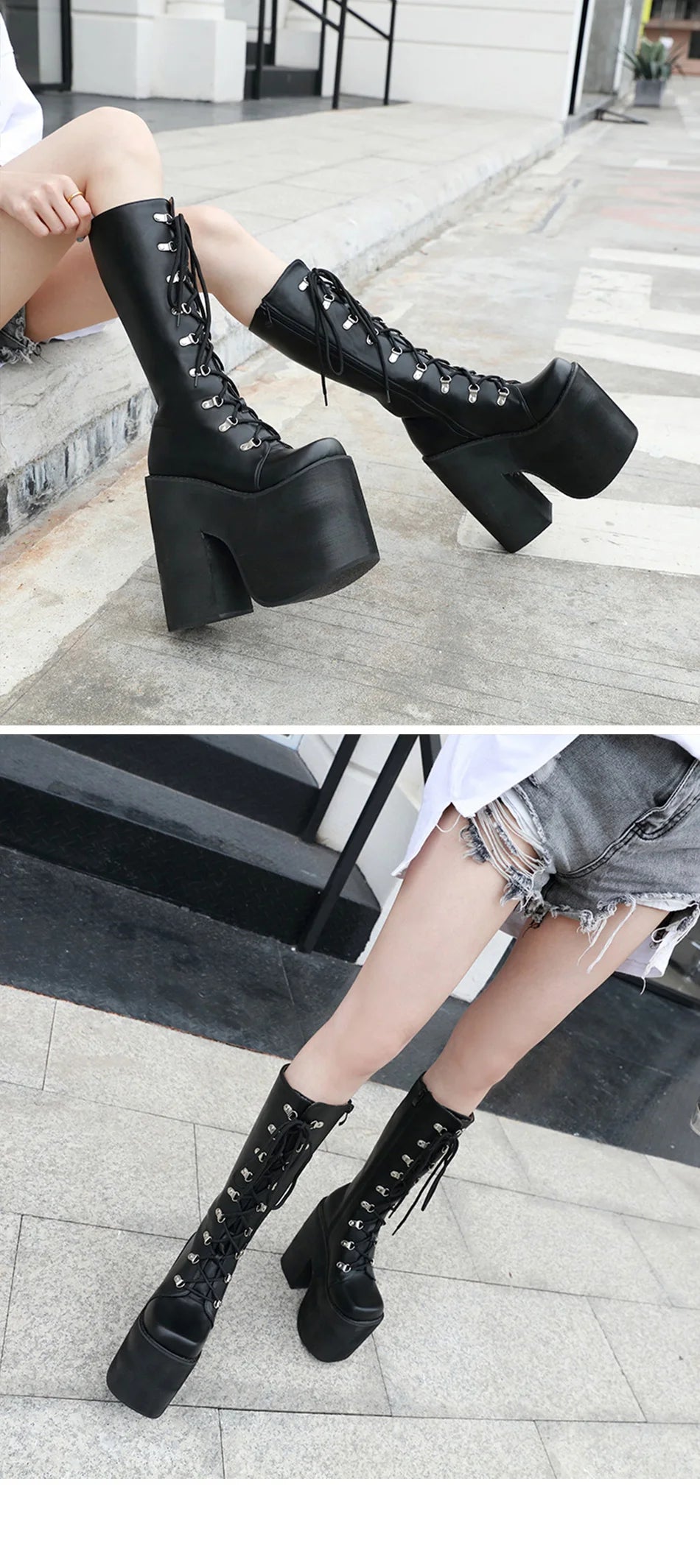 Gdgydh Women's Y2K Side Zipper Platform Boots Knee High Motorcycle Boots Black Closed Toe Lace Up Long Boots