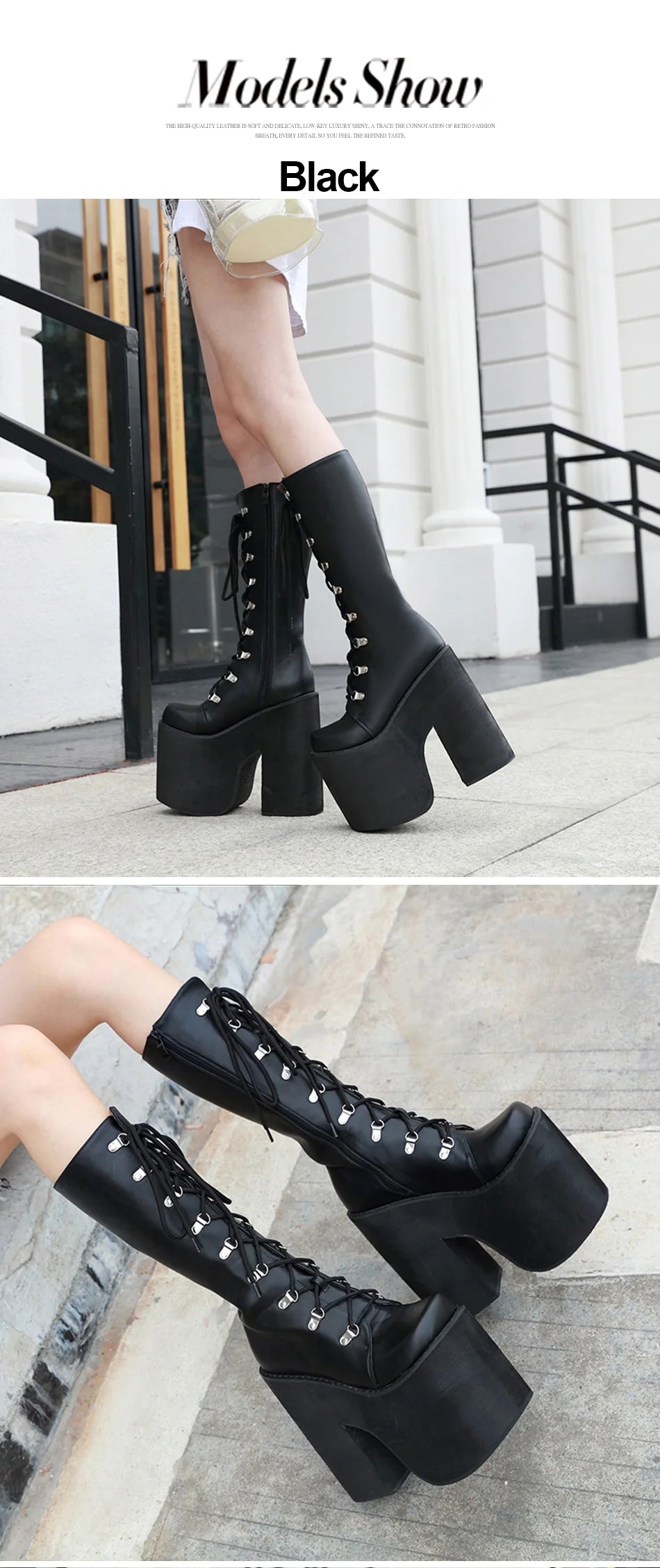 Gdgydh Women's Y2K Side Zipper Platform Boots Knee High Motorcycle Boots Black Closed Toe Lace Up Long Boots
