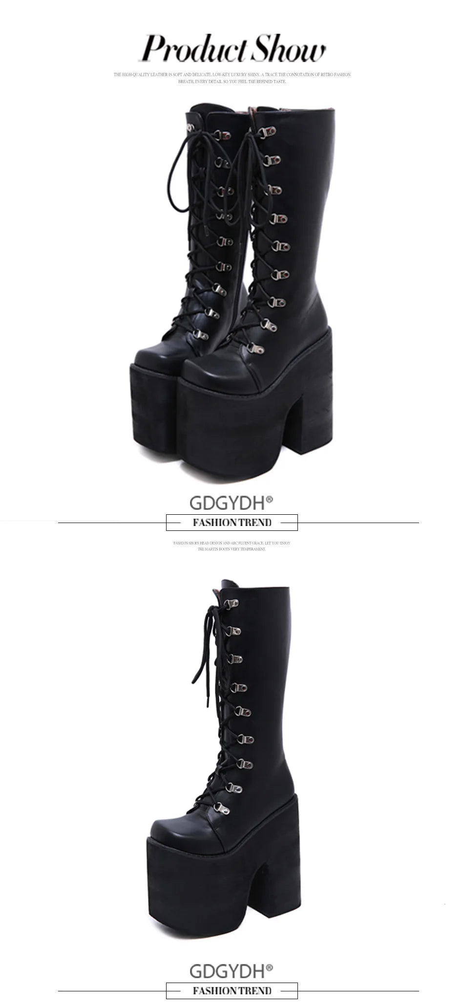 Gdgydh Women's Y2K Side Zipper Platform Boots Knee High Motorcycle Boots Black Closed Toe Lace Up Long Boots