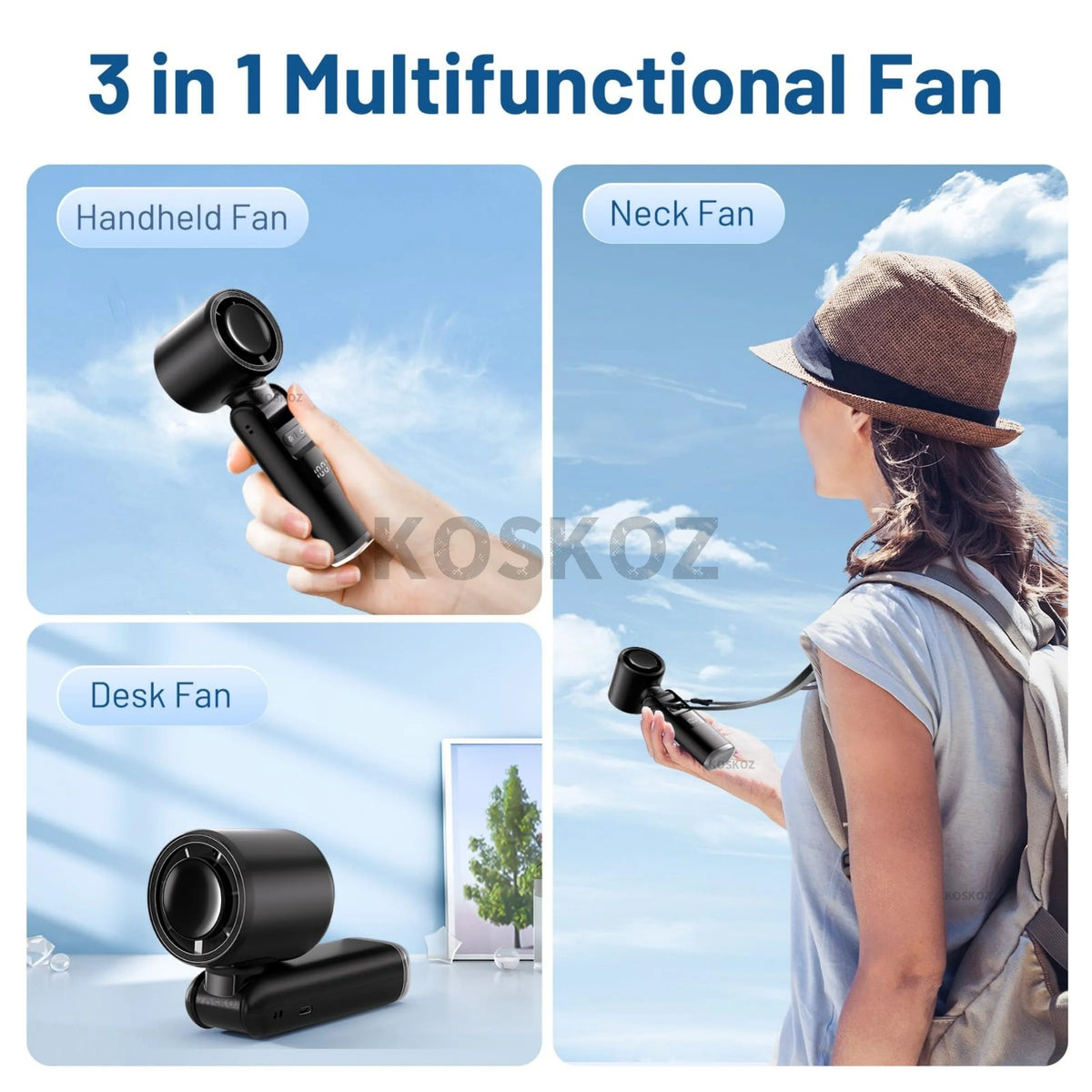 Portable Handheld Turbo Fan, 5 Gear Wind, USB Rechargeable Fan, 3 IN 1 Hand Fans for Outdoor Activities, Travel, Beach