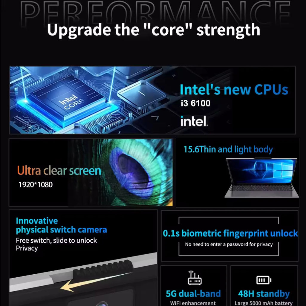 FUCHU 15.6'' PC Computer 16GB DDR4 RAM 1TB 2TB SSD Intel I3-6100U Computer Fingerprint Unlock Windows 11 Laptops Office Study Notebook