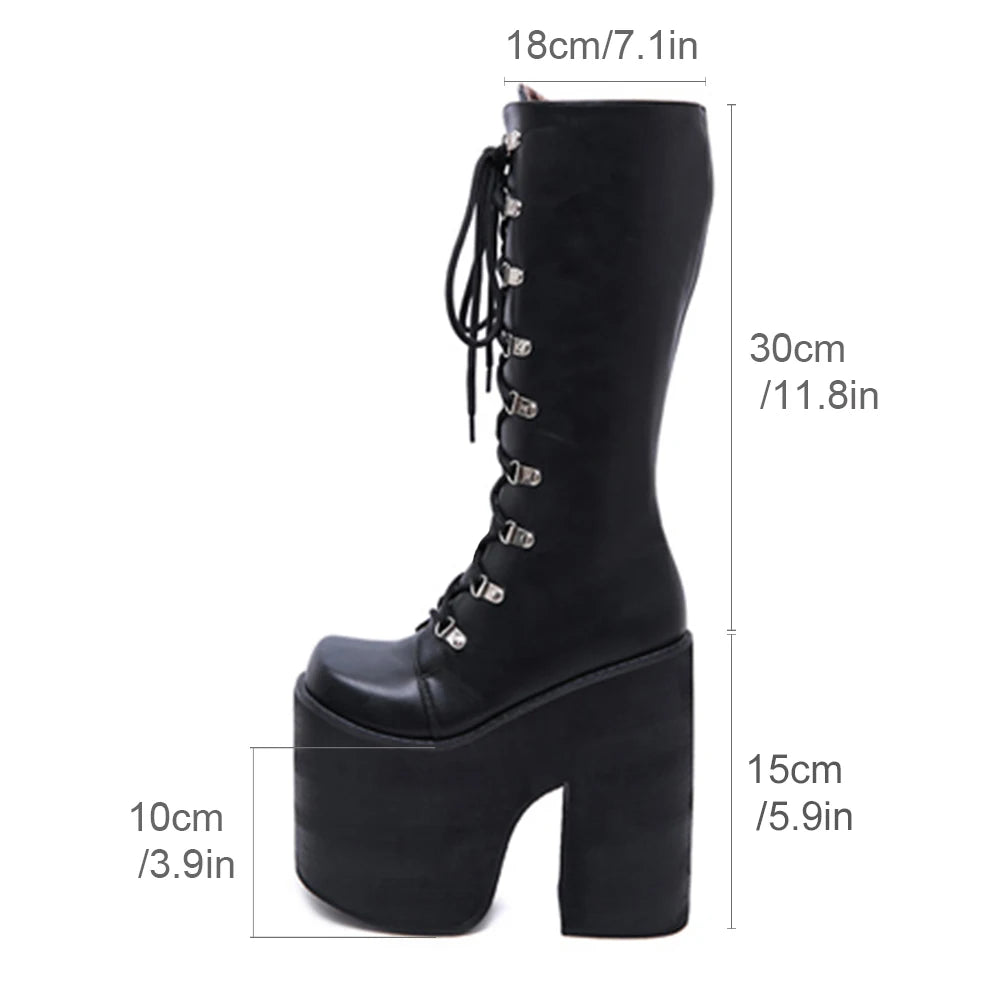Gdgydh Women's Y2K Side Zipper Platform Boots Knee High Motorcycle Boots Black Closed Toe Lace Up Long Boots