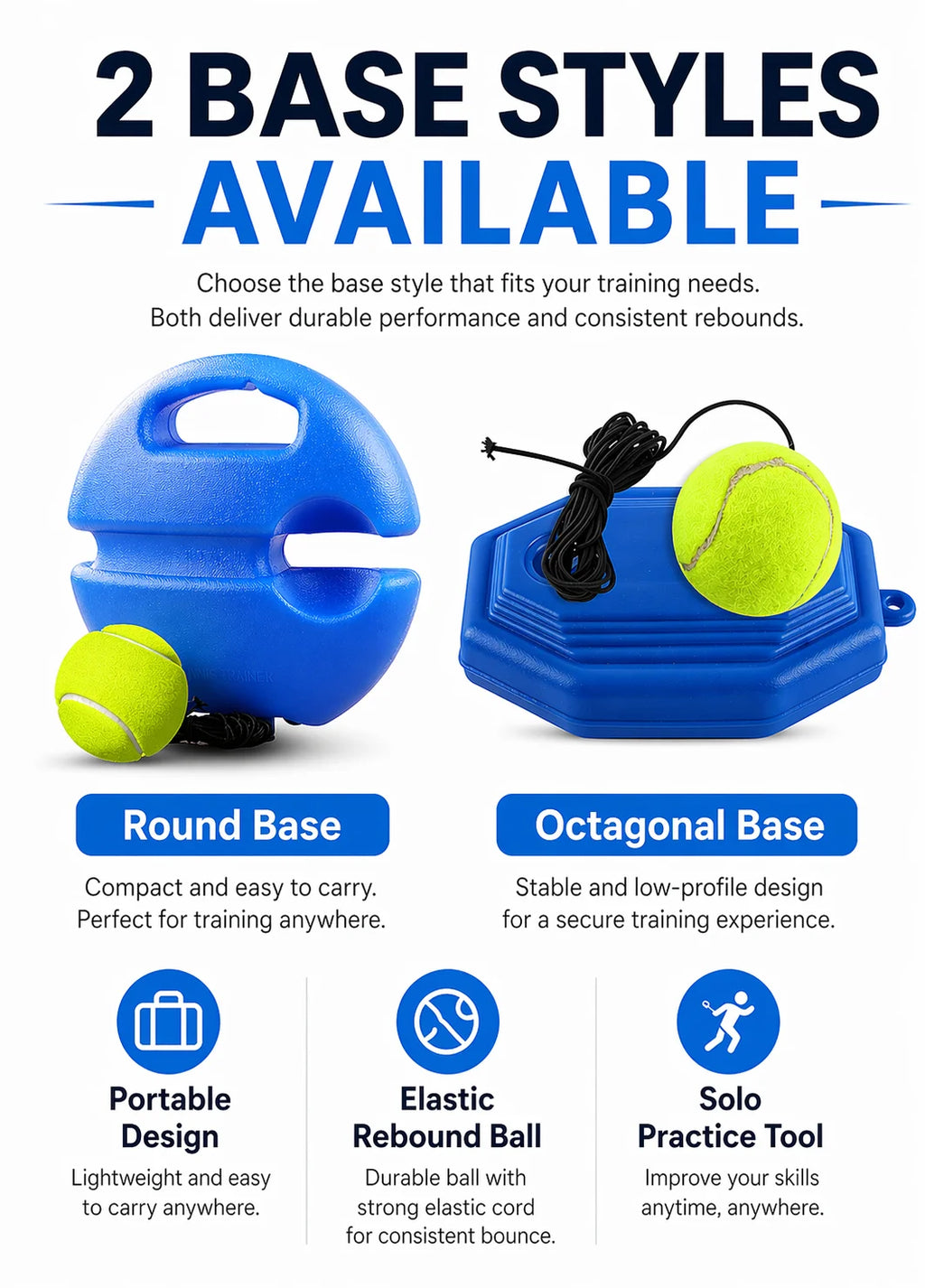 Portable Tennis Trainer Rebound Ball Set Solo Practice Tool with Elastic Cord Training Base for Tennis Practice Anywhere