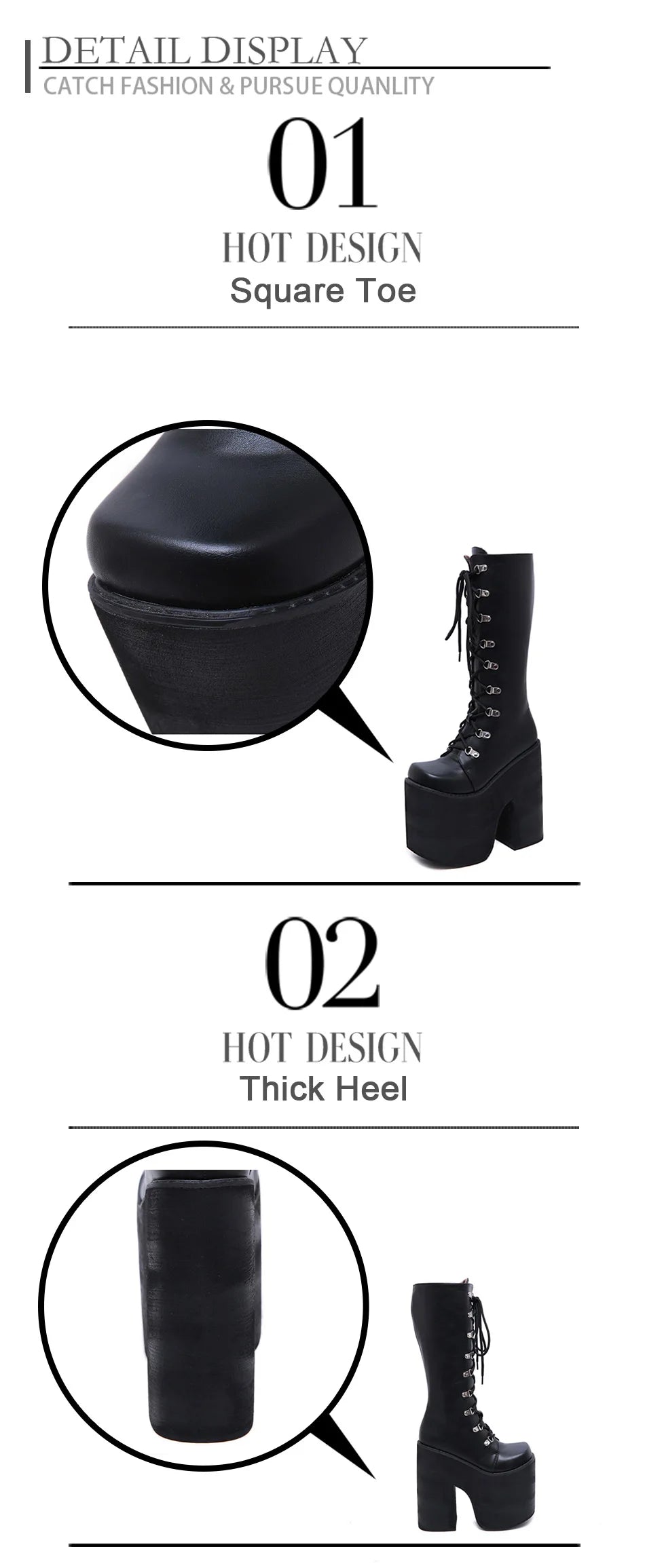 Gdgydh Women's Y2K Side Zipper Platform Boots Knee High Motorcycle Boots Black Closed Toe Lace Up Long Boots