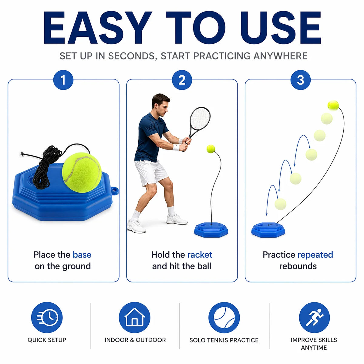 Portable Tennis Trainer Rebound Ball Set Solo Practice Tool with Elastic Cord Training Base for Tennis Practice Anywhere