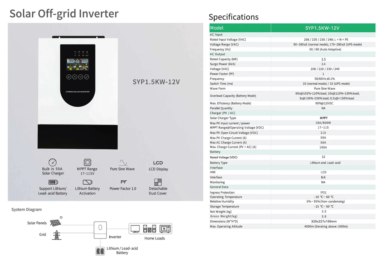 1.5KW Hybrid Solar Inverter 12V Off-Grid AC String Inverter Automatic 60Hz Single-Phase Solar Inverter