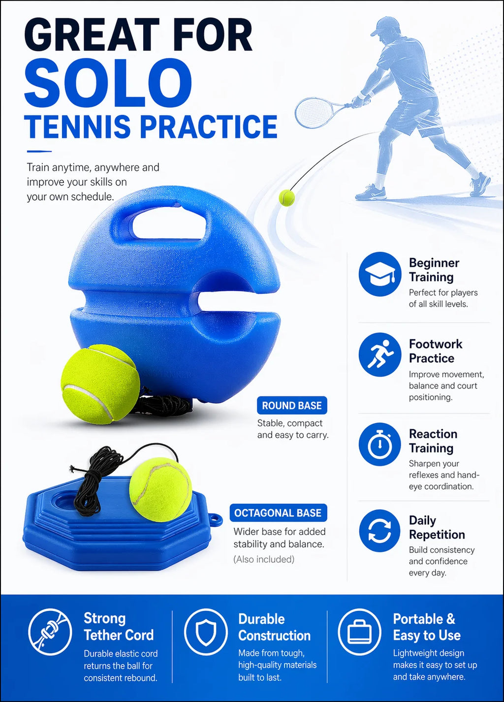 Portable Tennis Trainer Rebound Ball Set Solo Practice Tool with Elastic Cord Training Base for Tennis Practice Anywhere