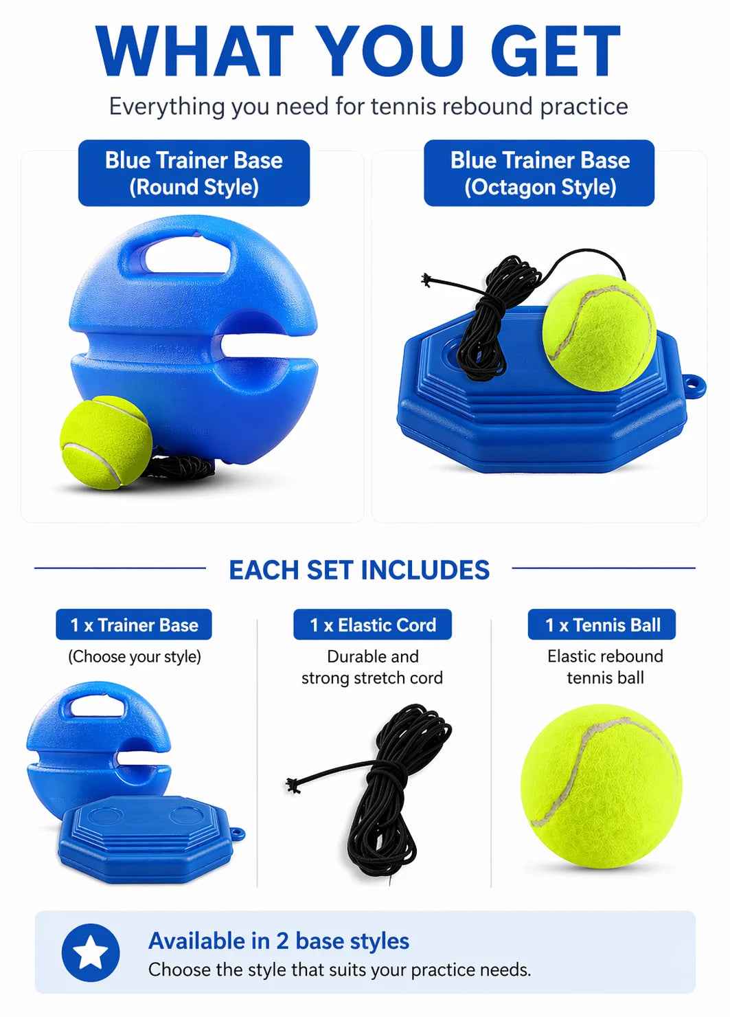 Portable Tennis Trainer Rebound Ball Set Solo Practice Tool with Elastic Cord Training Base for Tennis Practice Anywhere