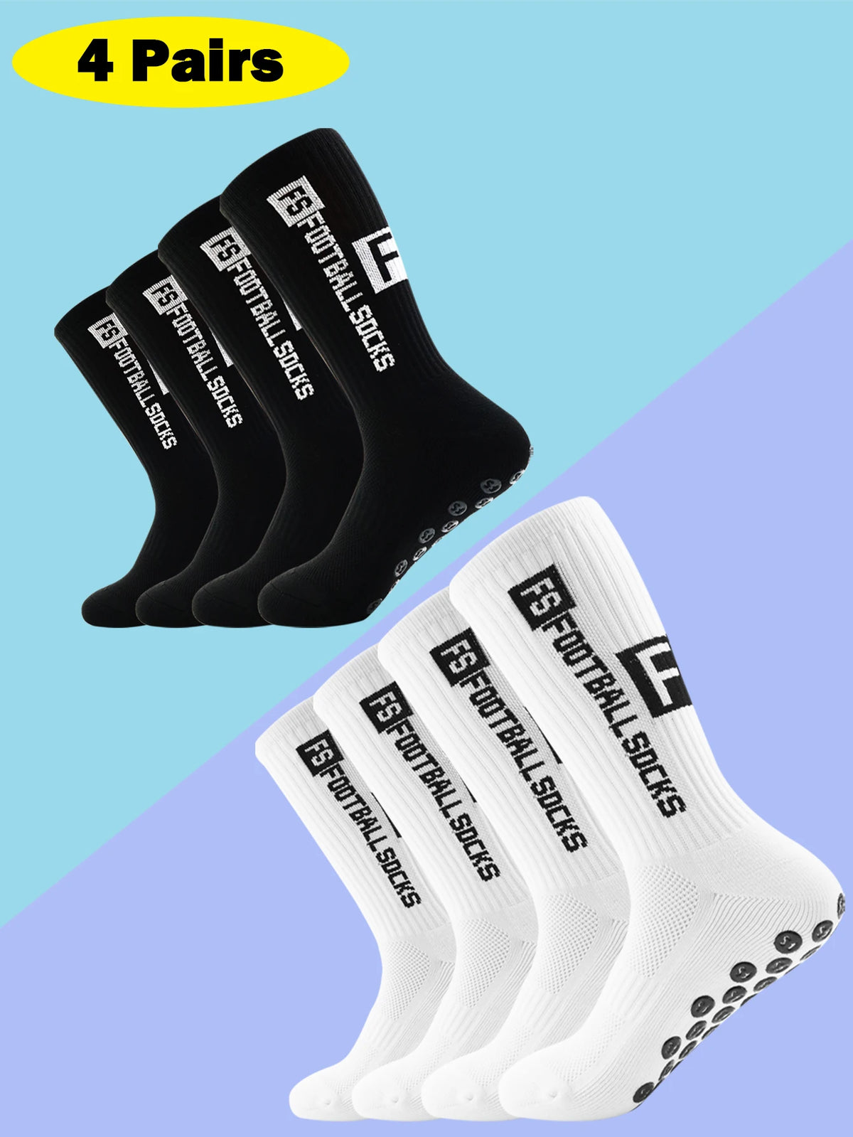 4 Pairs Men's Soccer Socks with Grip, Non Slip Anti Slip Athletic Socks with Cushion Pads for Football/Basketball/Hockey