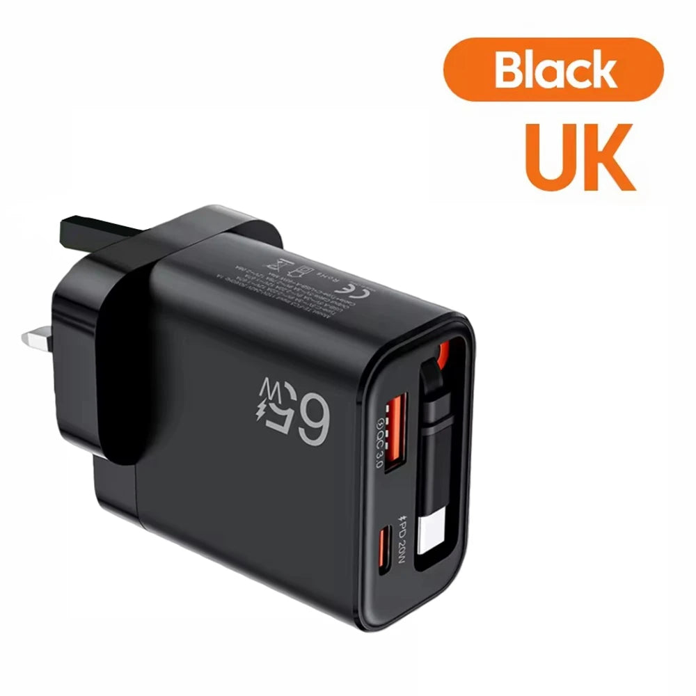 65W USB Phone Charger With Retractable Super Fast Charging Type C Cable For iPhone 17 16 POCO Xiaomi QC 3.0 USB PD Wall Charger