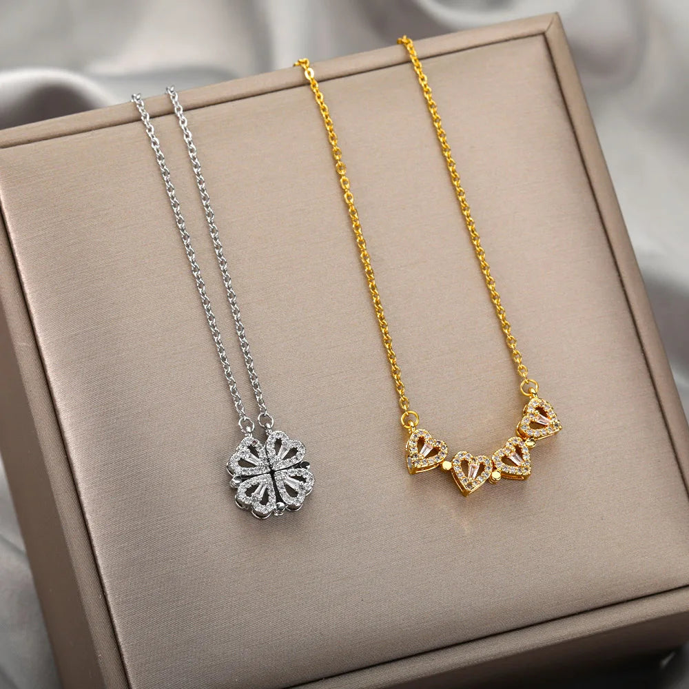 Magnet Heart Four Leaf Clover  Pendant Necklaces For Women Stainless Steel Crystal Heart Necklace Birthday Jewelry Gift bff