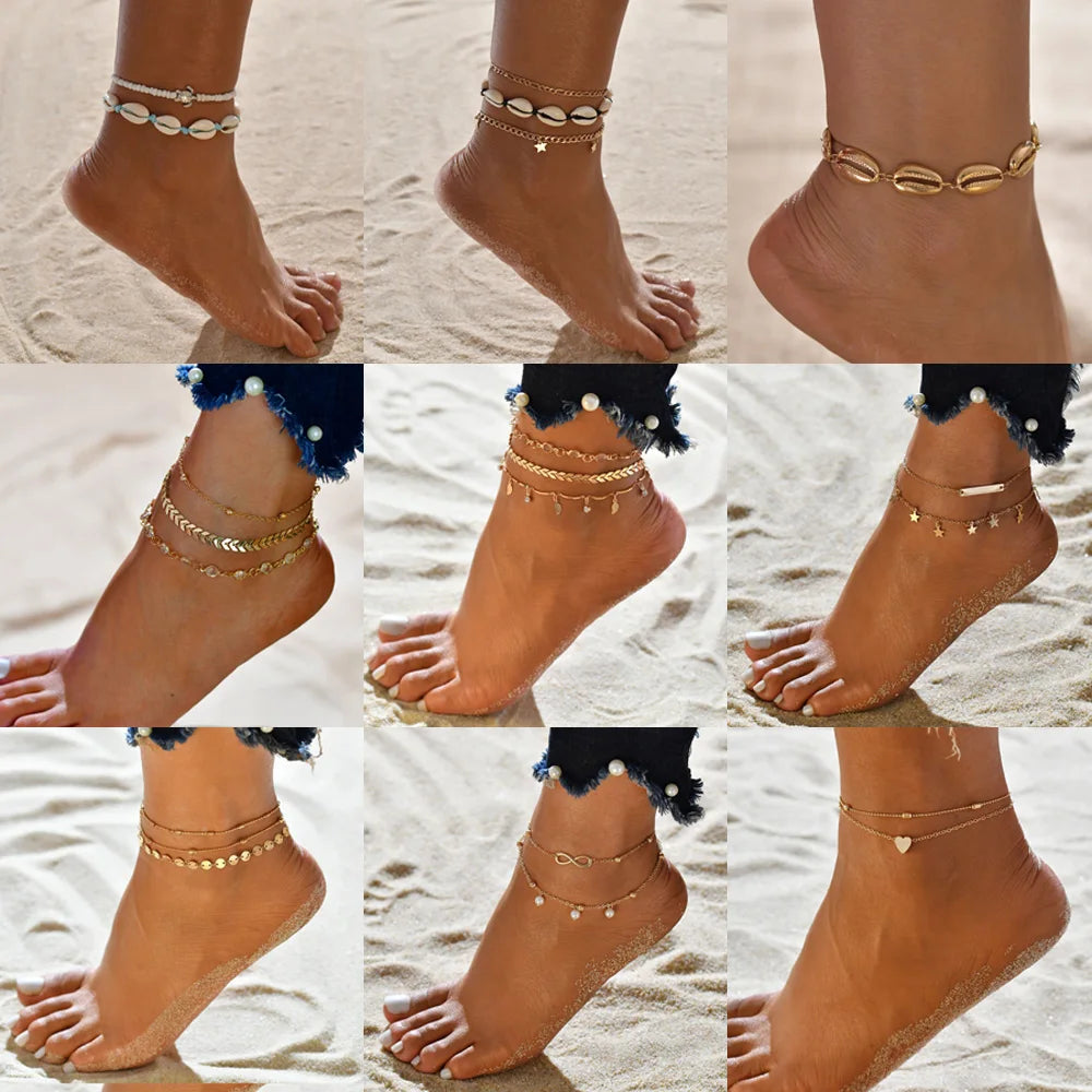 Bohemian Multilayer Shell Beads Anklets For Women Vintage Star starfish Ankle Bracelets on Leg Foot Chain Summer Beach Jewelry