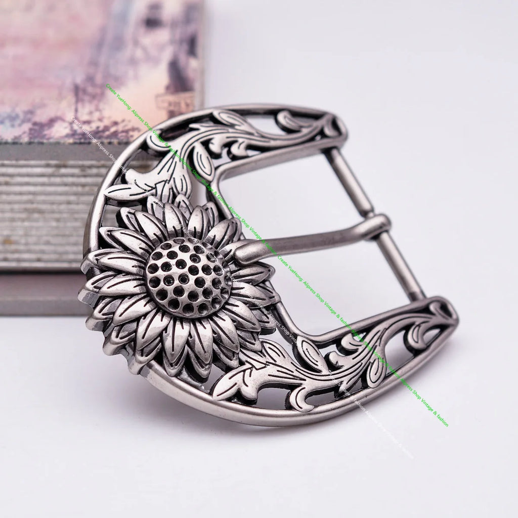 Antique Silver Sturdy Quality Western Cowboy Beauty Sun Flower Leather Belt Buckle Replacement Fit 38mm