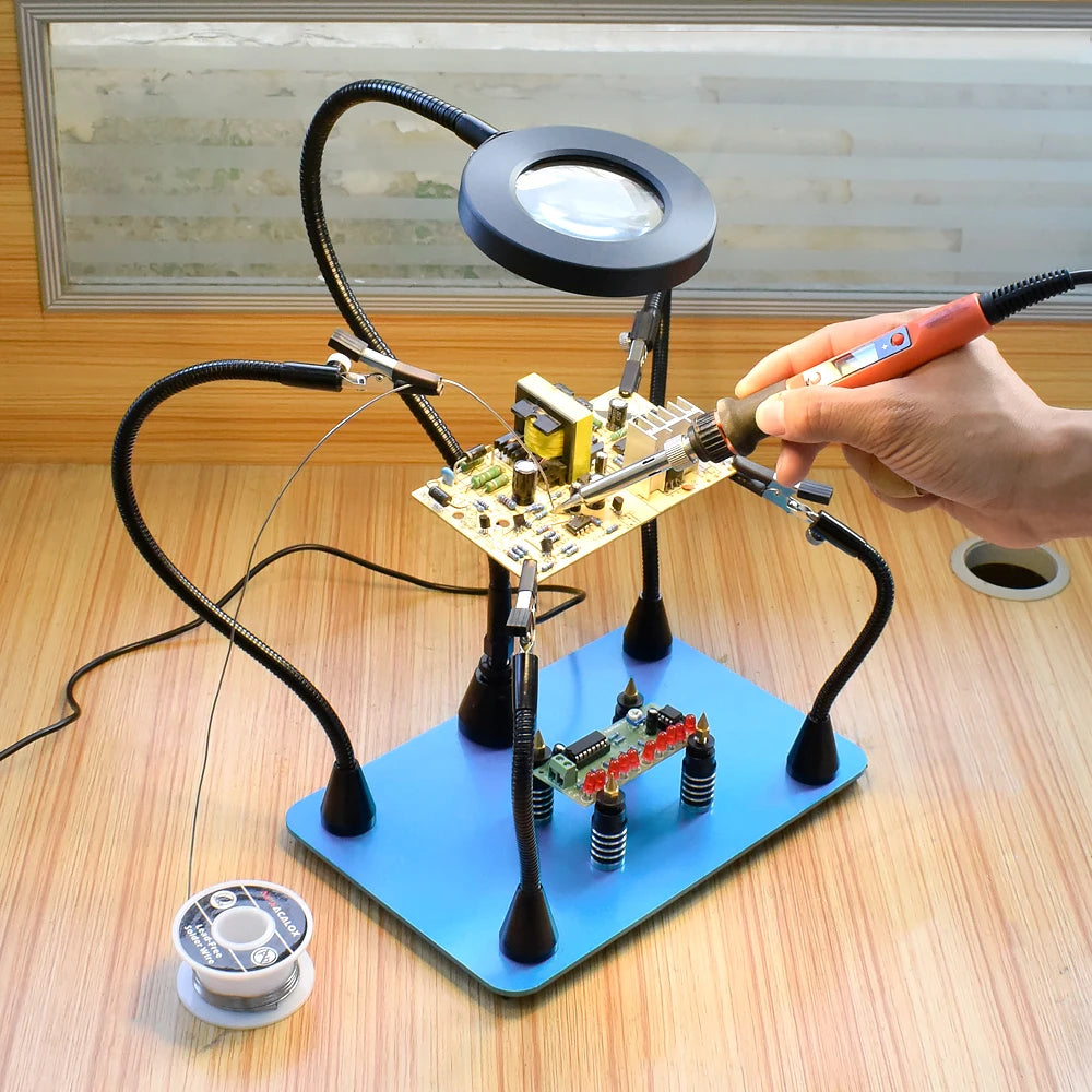 NEWACALOX PCB Fixture Clips Soldering Holder Third Hand Tool Magnetic Flexible Helping Hands with 3X LED Illuminated Magnifier