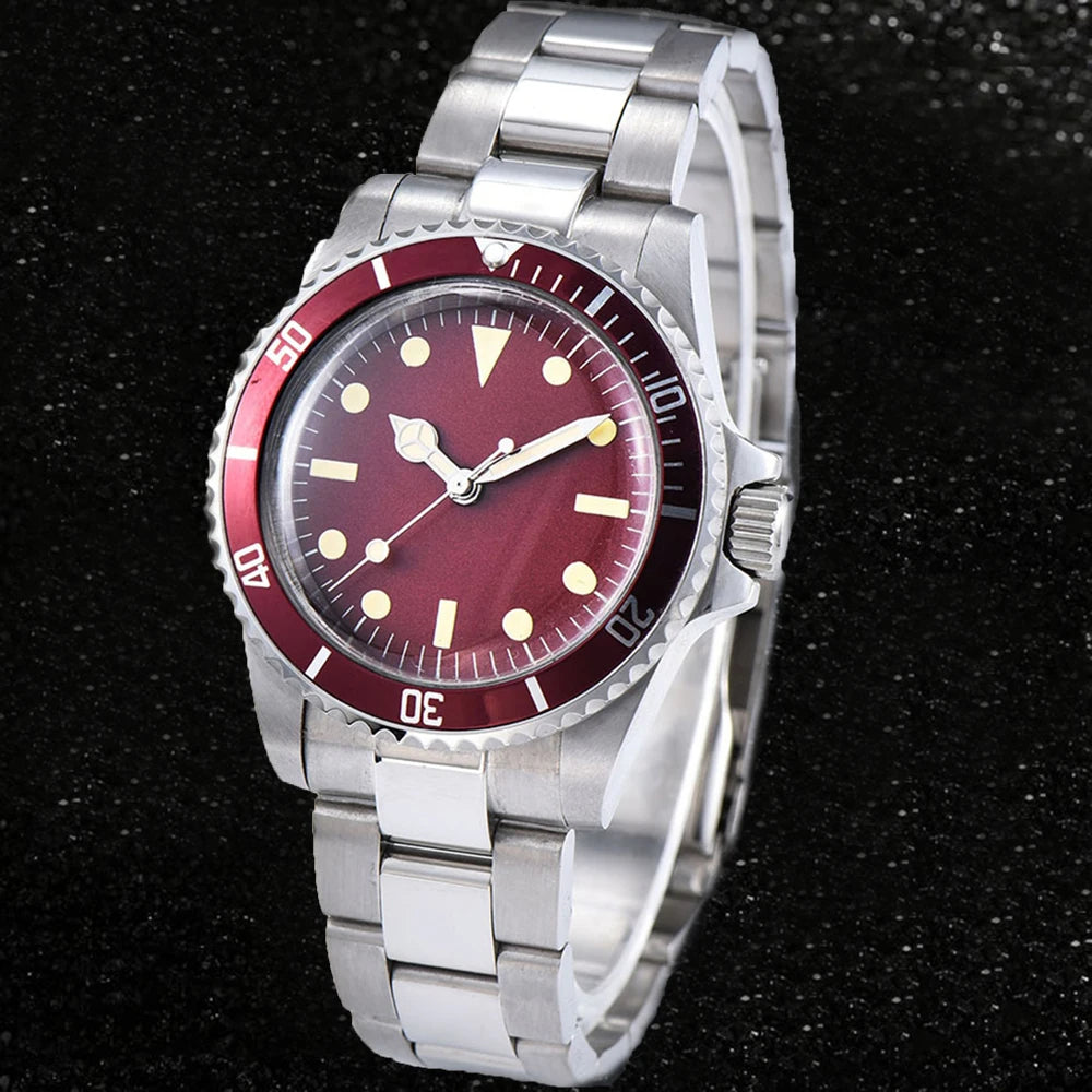 40mm Automatic Mechanical Movement Men's Red Dial Stainless Steel Case Bracelet Luminous Watch Aluminum Bezel
