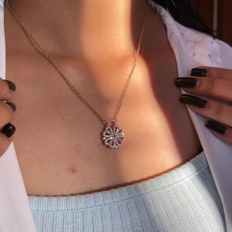 Magnet Heart Four Leaf Clover  Pendant Necklaces For Women Stainless Steel Crystal Heart Necklace Birthday Jewelry Gift bff