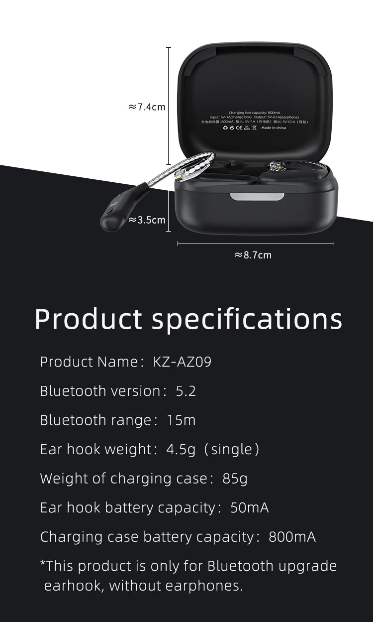 KZ AZ09 Bluetooth 5.2 Wireless Upgrade Cable  HIFI Wireless Ear Hook With Charging Case For KZ TRN CCA Earphones Headset