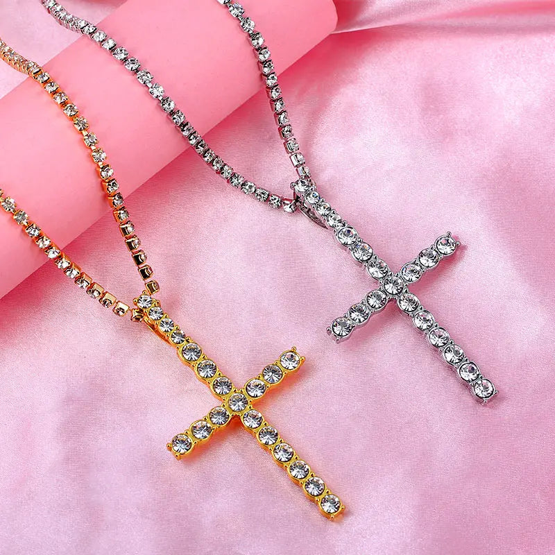 Punk Hip Hop Rhinestone Cross Pendant Necklace for Women Men Bling Iced Out Crystal Chain Choker Necklace Jewelry On The Neck
