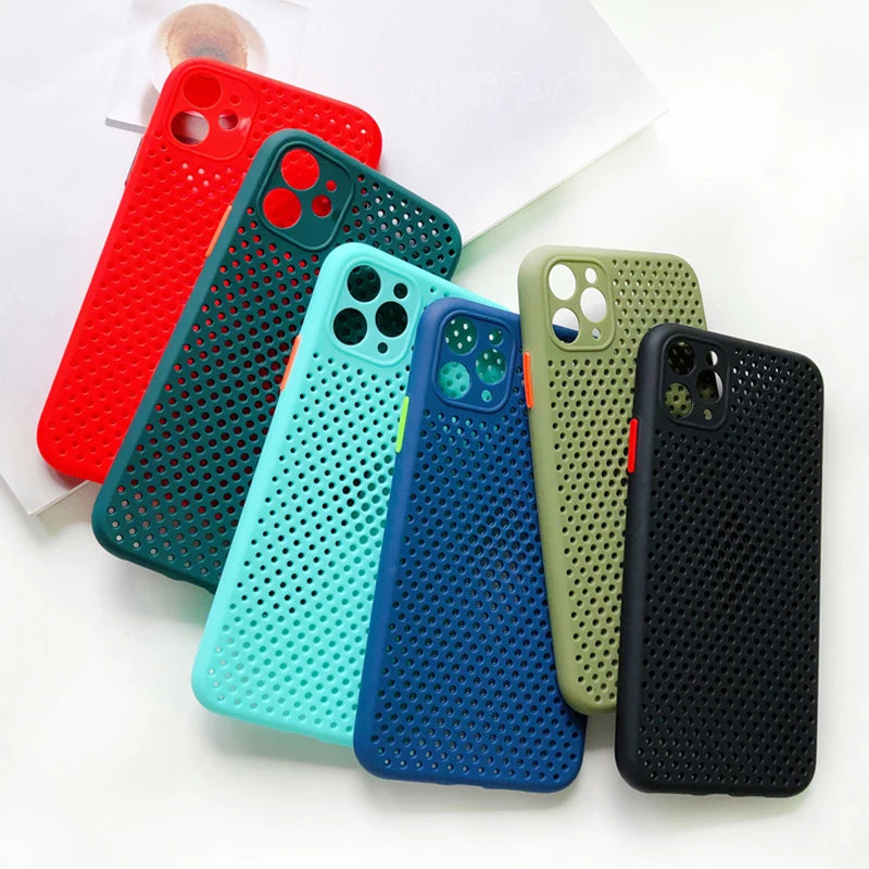 Heat Dissipation Silonce Case For iPhone X XR XS 11 12 13 mini 14 15 Pro Max 7 8 Plus SE Thin Soft TPU Breathable Mesh Cover