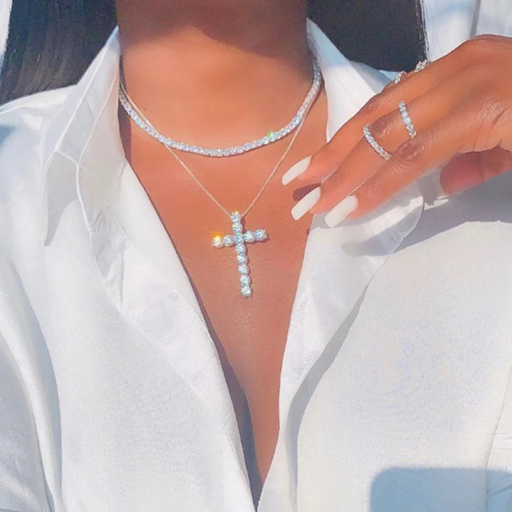 Punk Hip Hop Rhinestone Cross Pendant Necklace for Women Men Bling Iced Out Crystal Chain Choker Necklace Jewelry On The Neck