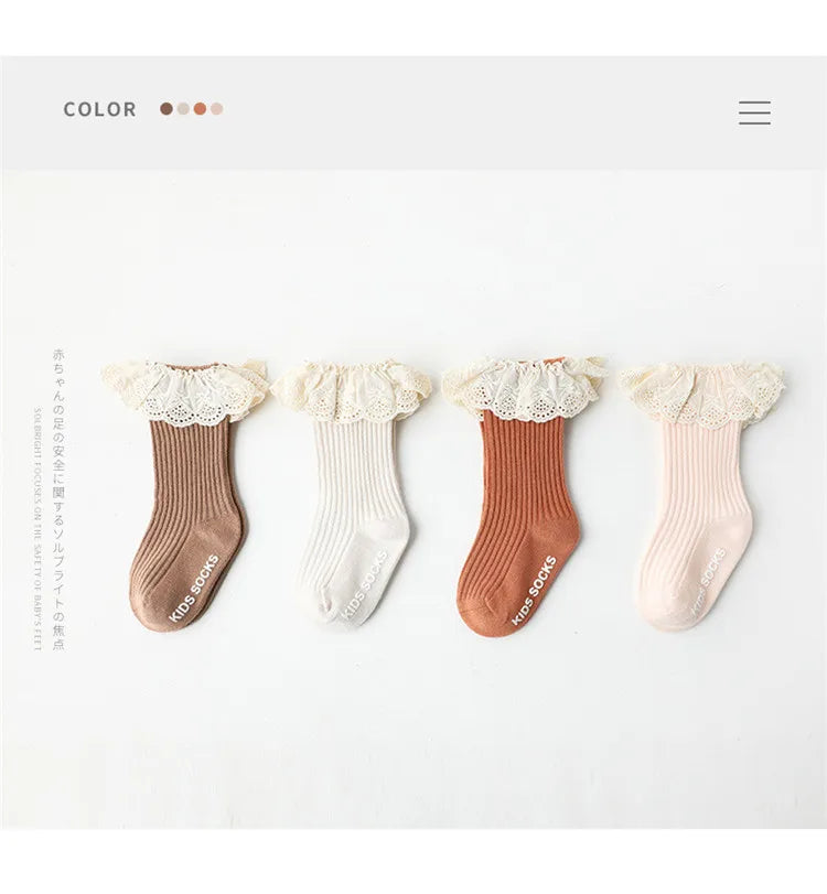 Lawadka Newborn Baby Girl Socks Lace Baby Knee Socks Anti Slip Cotton Socks for Girls Princess Long Autumn Winter Stockings 0-3T