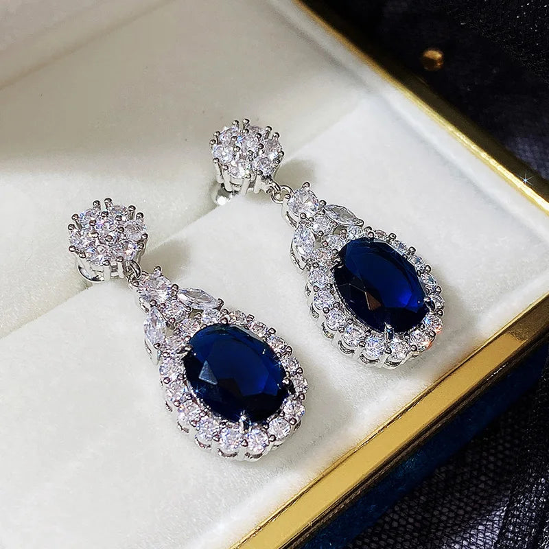 Huitan Newly-designed Women's Dangle Earrings Luxury Blue/White Cubic Zirconia Temperament Ear Accessories High Quality Jewelry