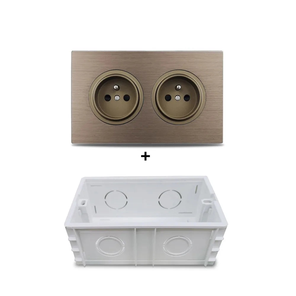 Double EU French Electrical Power Outlet Brown Brushed Aluminum Panel Wall Socket 146 * 86mm Wallpad L6