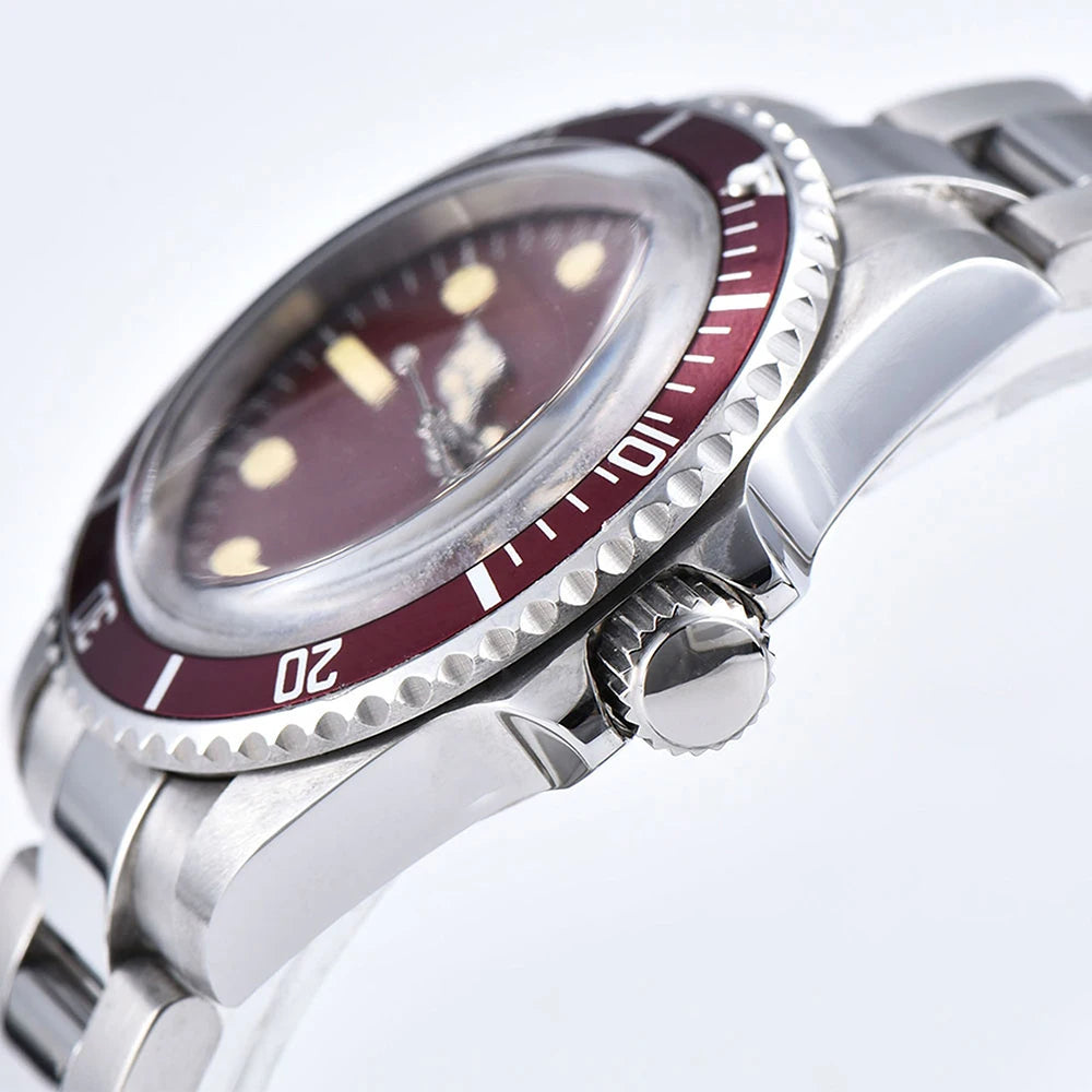 40mm Automatic Mechanical Movement Men's Red Dial Stainless Steel Case Bracelet Luminous Watch Aluminum Bezel