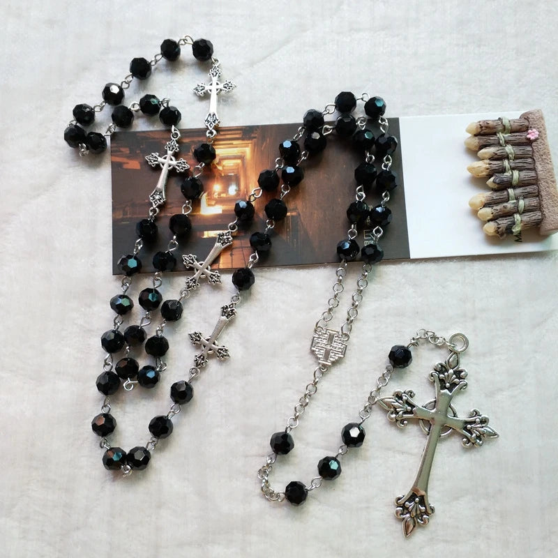 QIGO Black Crystal Rosary Necklace Long Cross Pendant For Men Women Religious Jewelry