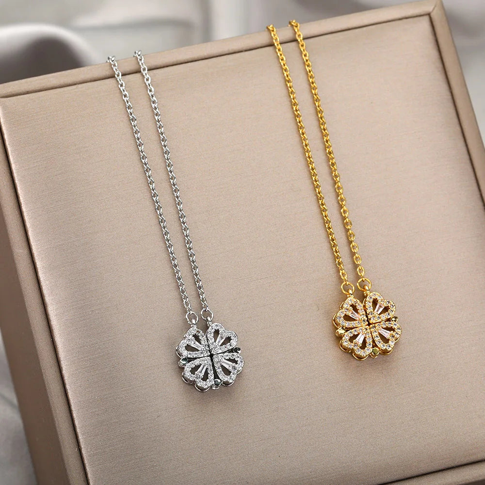 Magnet Heart Four Leaf Clover  Pendant Necklaces For Women Stainless Steel Crystal Heart Necklace Birthday Jewelry Gift bff